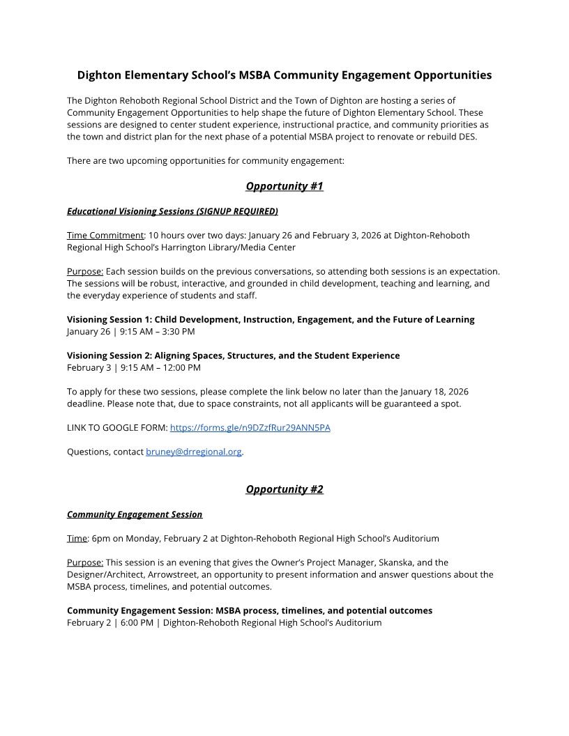 MSBA Dighton Elementary School Visioning Invitation
